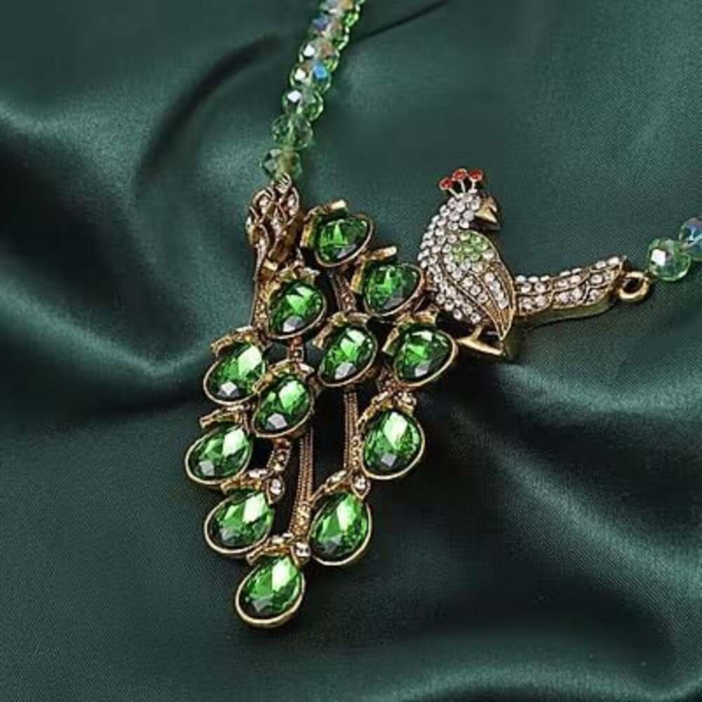 Peacock Statement Necklace with Green Crystal Beads and Rhinestone Pendant